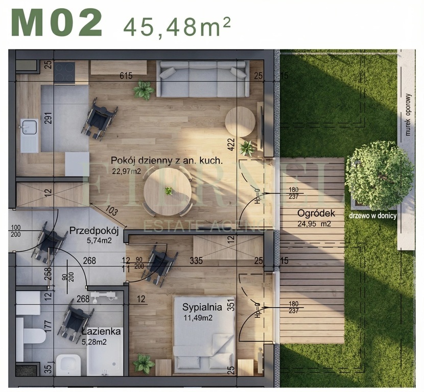 Mieszkanie 2-pokojowe z ogródkiem 45,48m Czyżyny
