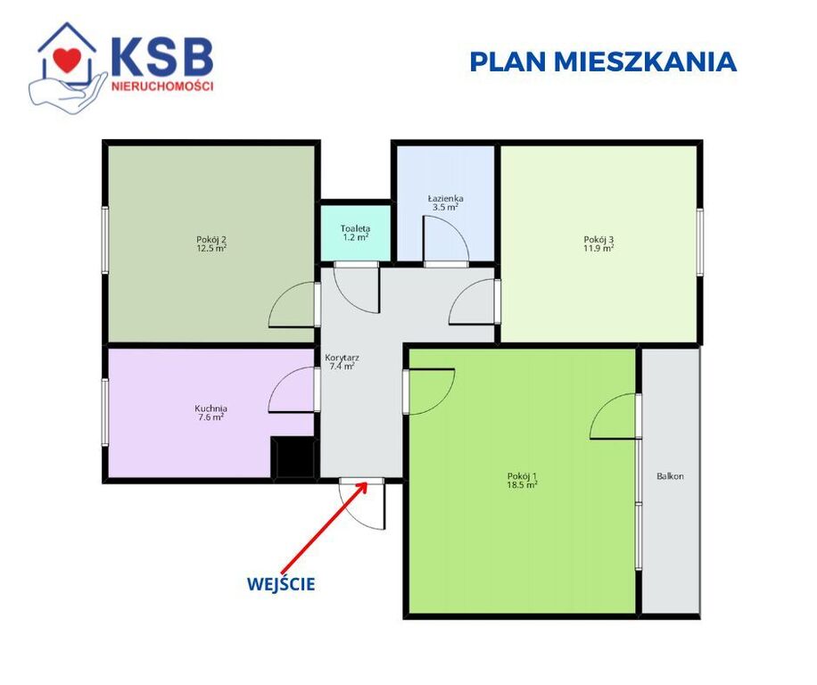 Widne mieszkanie ul. Słowackiego, 3 pokoje 62,70m2