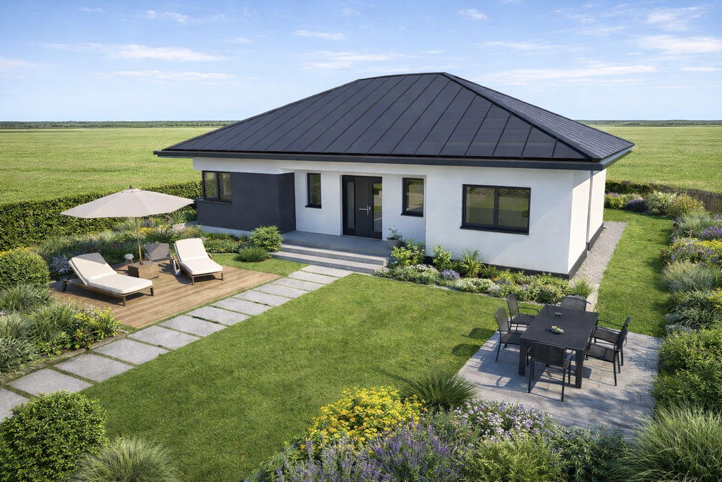 Nowoczesny dom parterowy w stanie surowym otwartym