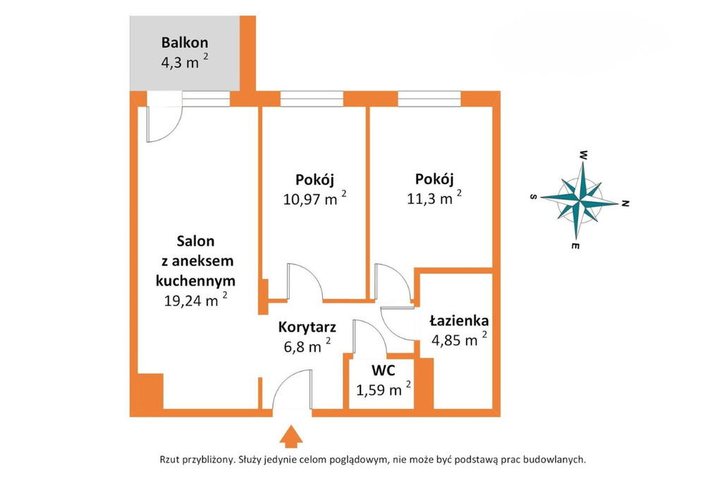 3 pok.  na Białołęce - 54,75 m². Świetny rozkład!