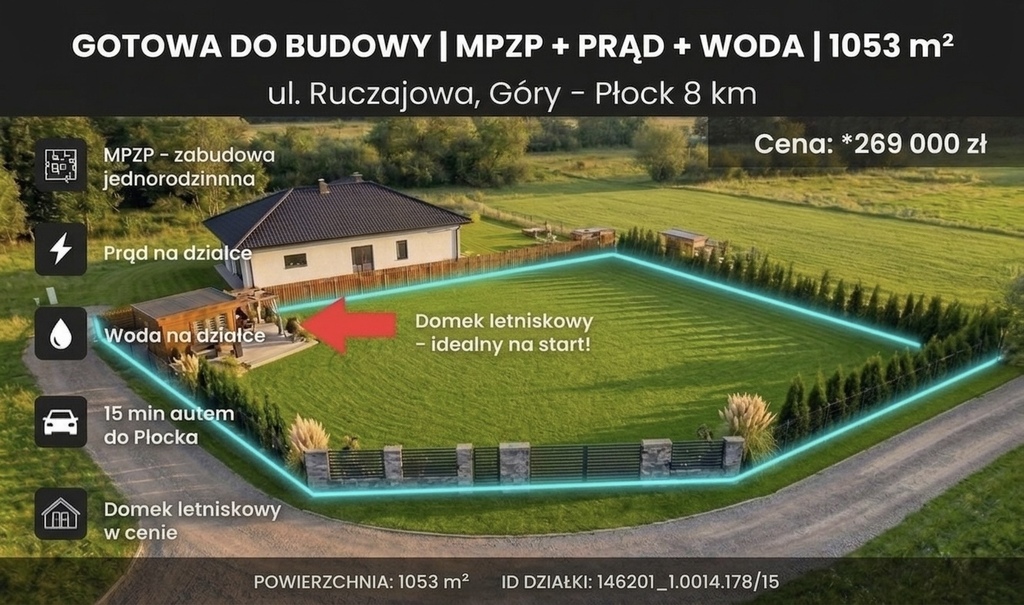 Działka 1052m2 Góry Media MPZP i domek w cenie
