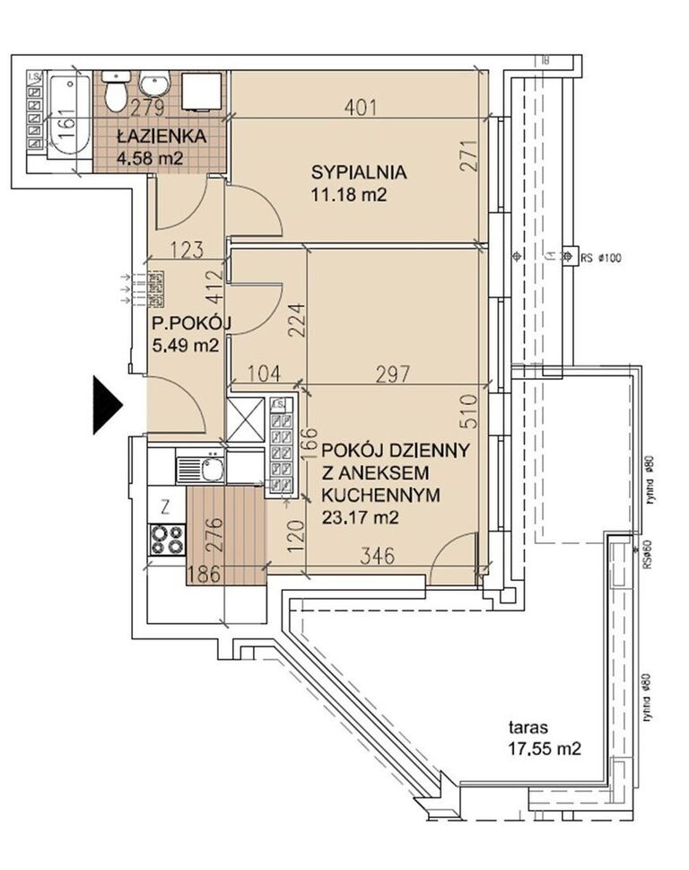 2 pokoje z tarasem 17 m² | Krzyki