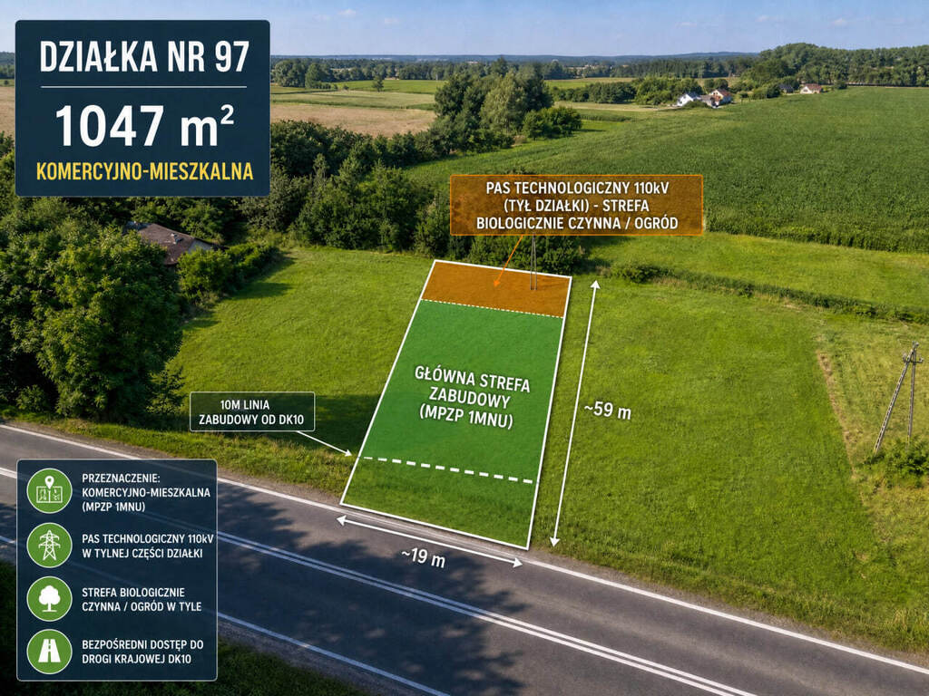 Działka budowlana 1047 m², media, asfalt, MPZP